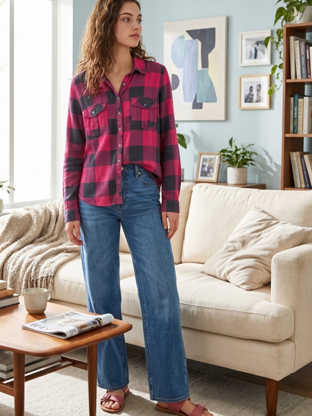 Maurices Power Pink & Black Buffalo Plaid Flannel Button-down Shirt Sz L
